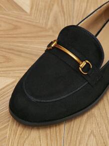 女士舒适平底鞋，金属扣，圆头，低跟，适合春秋季，乐福鞋