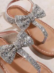 Mini mi Girls Blingbling Silver Crystal Bow Design T-Strap Sandals- Luxury,Stylish, Comfortable
