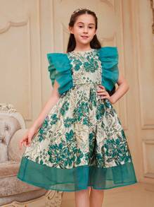 SHEIN Tween Girls' Cute Fit-And-Flare Dress With Organza Patchwork, Jacquard Fabric And Ruffle Hem, Round Neck - Green - View 4