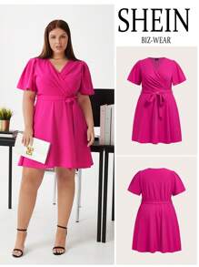 BizChic Màu thuần Kích thước lớn Cổ chữ V Đầm - Màu Hồng Tươi - Xem 9