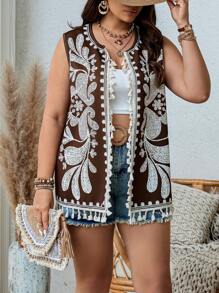 Breezaya Kích thước lớn In Viền rìa Áo vest Với Tua Đồ trang trí - Nhiều màu - Xem 5