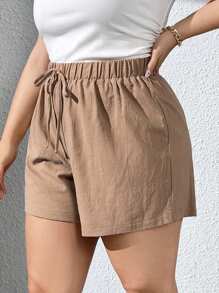 SHEIN Essnce Women's Plus Size Khaki Texture Shorts For Spring/Summer - Khaki - View 5