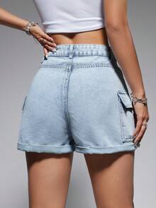SHEIN EZwear 女士捲邊貨褲牛仔短褲 - 淺色水洗藍 - 查看 3