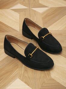 女士舒适平底鞋，金属扣，圆头，低跟，适合春秋季，乐福鞋