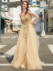 Sequin Embroidery Long Sleeve Mesh Party Dress