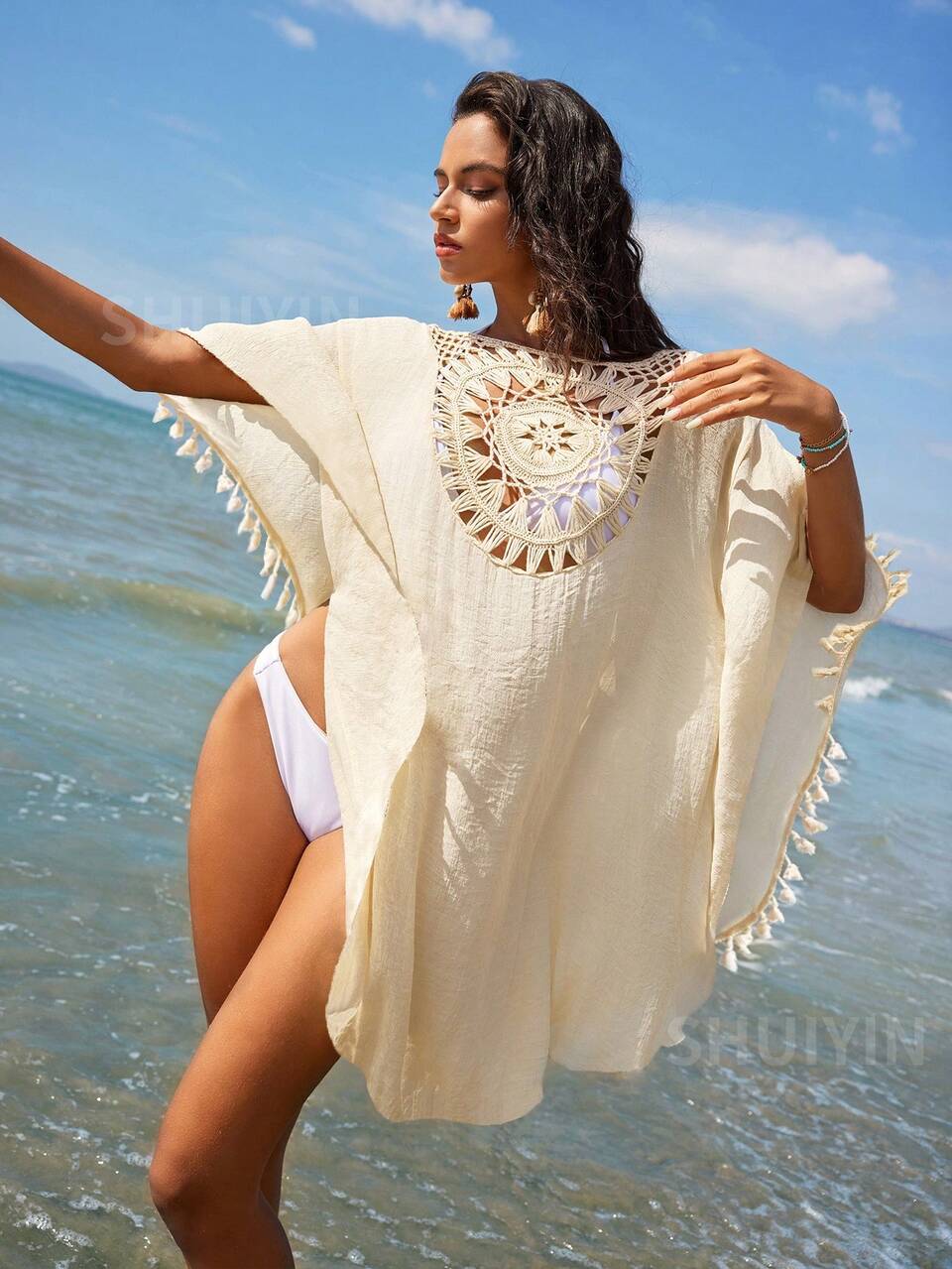 Vestido Capa De Gran Tamaño Sexy En Estilo Playero Anewsta, Tejido De Punto Hueco Con Detalle De Borla En Beige