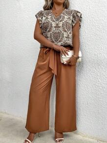 SHEIN LUNE Top imprimé floral de style bohème avec encolure V et manches à volants et pantalon droit ample, style décontracté pour l'été, grande taille