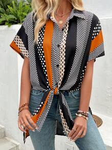 Breezaya Women's Colorblock Geometric Print Patchwork Batwing Sleeve Shirt - Multicolor - View 6