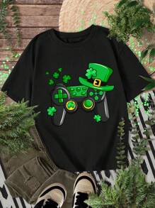 Máy chơi game thông thường Tween Boy & Áo thun cổ tròn ngắn tay in hình Shamrock có mũ, mùa hè - màu đen - Xem 1