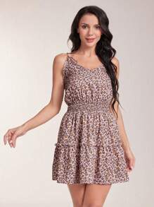 Breezaya Leopard Print Tie Shoulder Cami Dress - Apricot - View 4
