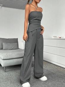 Flirla 純色抹胸&闊腿褲 - 深灰色 - 查看 4