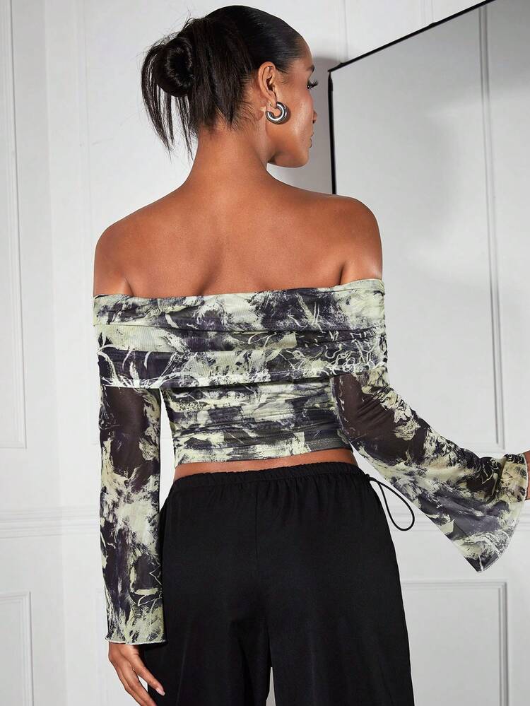 Abstract Nature Texture Flower Print Off Shoulder Top With Flare Sleeve And Pleats Streetwear T-Shirt Ideal For Street Date, Music Festival And Concert Outfits