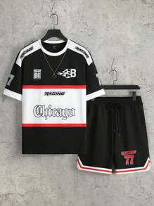 Manfinity LEGND Men'S Color Blocking Alphabet Print T-Shirt And Shorts Set