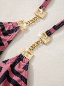 Swim SXY Women's Geometric Printed Metal Chain Halter Two Pieces Bikini Set Summer Beach