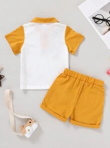 柔軟舒適的嬰兒男童卡通老虎印花短袖上衣，搭配羊和紐扣細節短褲，非常適合夏季休閒和派對 - 彩色 - 查看 2