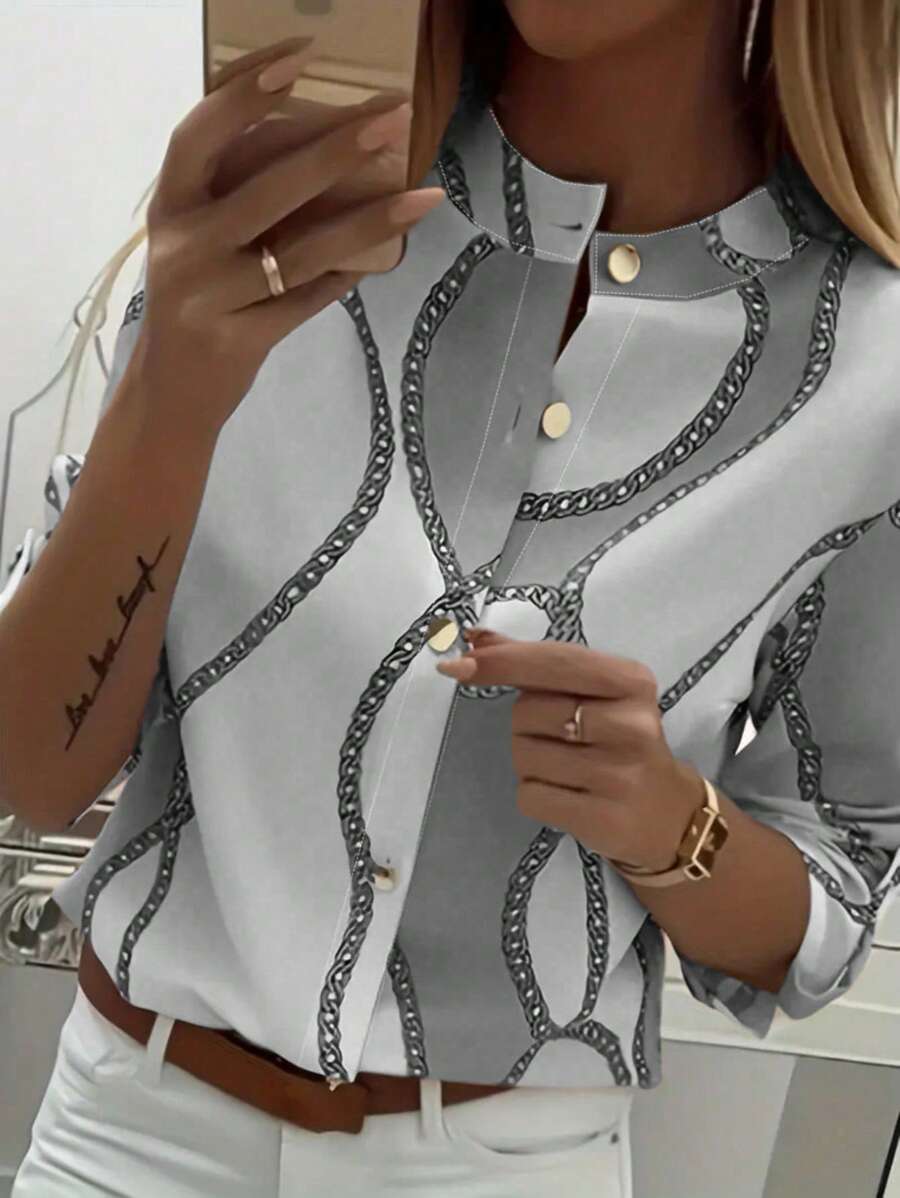 女士秋季衬衫，常规纽扣领，圆领数码金链印花，圣诞元素印花，长袖，适合休闲、通勤、户外休闲穿着 - 彩色 - 查看 1