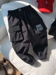 SHEIN Leap Crew 男童休閒寬鬆街頭風3d口袋透氣舒適裝扮褲,適用於春夏季節 - 黑色 - 查看 2