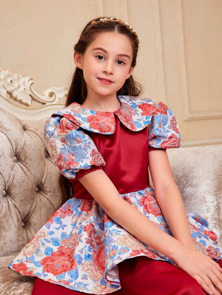 Tween Girls' Floral Print Dress With Fitted Waist, Puff Sleeves And Peter Pan Collar