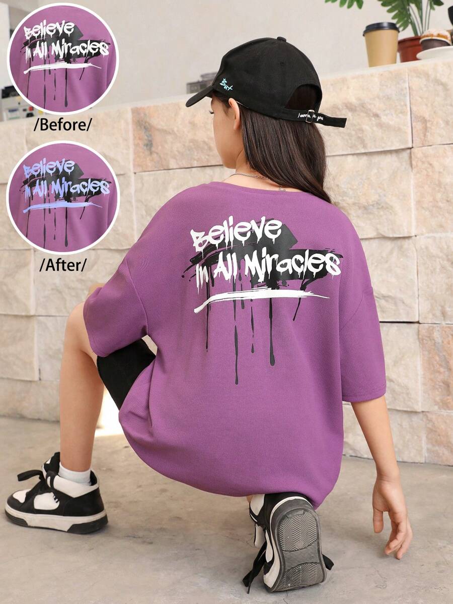 SHEIN 嬰兒級女孩鬆身休閒口號印花落肩t卹,因陽光中的紫外線而一變多色 - 紫色 - 查看 1