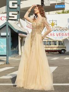 Sequin Embroidery Long Sleeve Mesh Party Dress