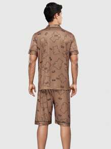 Men's Bear Printed Short Sleeve Top & Shorts Summer Homewear Set With Collar