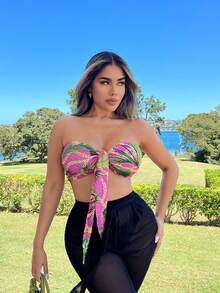 SHEIN SXY 夏季假日風格植物鏈條印花束胸短上衣,前扣帶綁式 - 彩色 - 查看 5