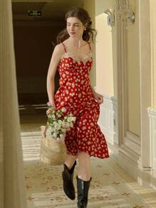 Simple Retro Plus Size Women's Sweet Floral Contrast Lace Spaghetti Strap Dress, French Elegant Vintage Style Summer Vacation Dress - Red - View 6