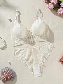 SHEIN Lace Mesh Bra With Underwire And Triangle Panties Set Lingerie Set - Beige - View 3