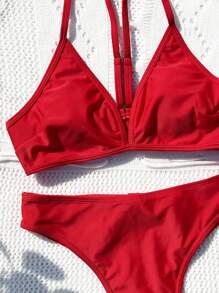 SHEIN Swim Bộ Bikini Hai Mảnh Màu Trơn Dành Cho Nữ, Bộ Bikini Thông Bộ Trang Phục Đồ Bơi Đi Biển Bộ Đồ Tắm Lễ Hội Âm Nhạc Bãi Biển Mùa Hè - Đỏ - Xem 6