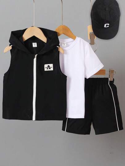 SHEIN Young Boy Young Boys Casual Sporty Vest With Zippered Opening, Matching Solid Color Short Sleeve T-Shirt And Shorts