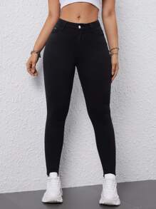 SHEIN Unity Jeans Ajustados De Mujer De Color Sólido Simple Con Bolsillos - Negro - Ver 4