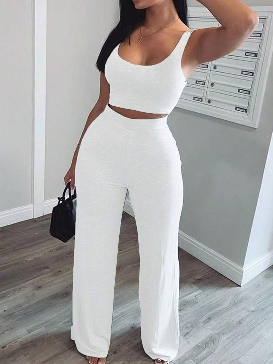 Slaydiva Top corto de tank de unicolor y pantalones rectos - Blanco - Ver 1