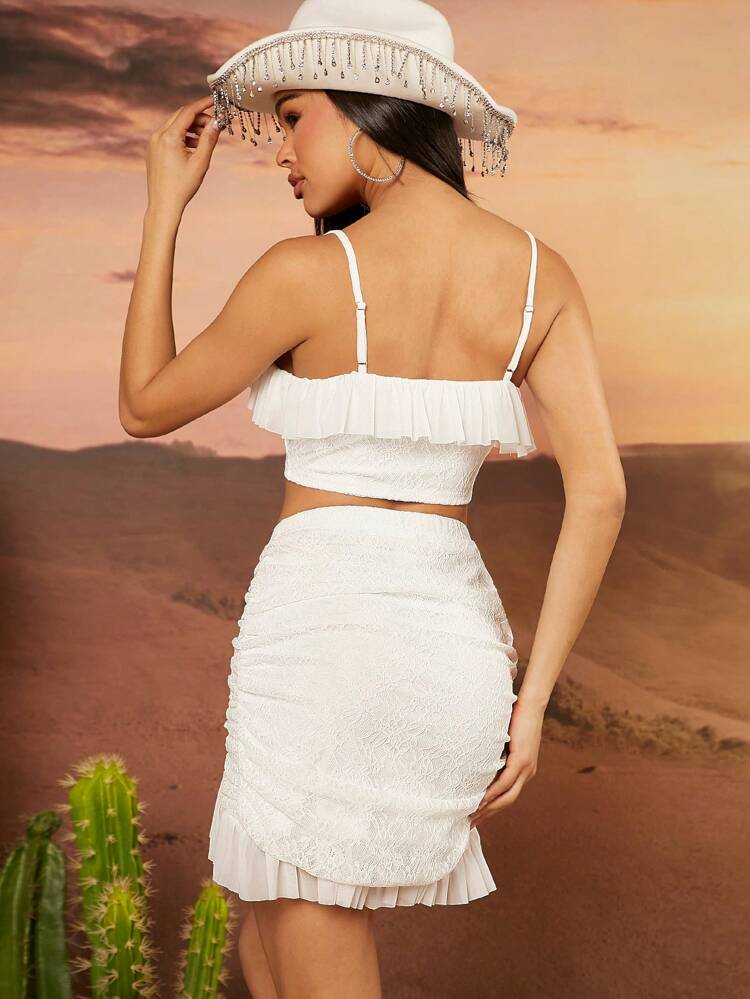 Lace Ruffle Lace Up Top & Skirt Two Pieces Set