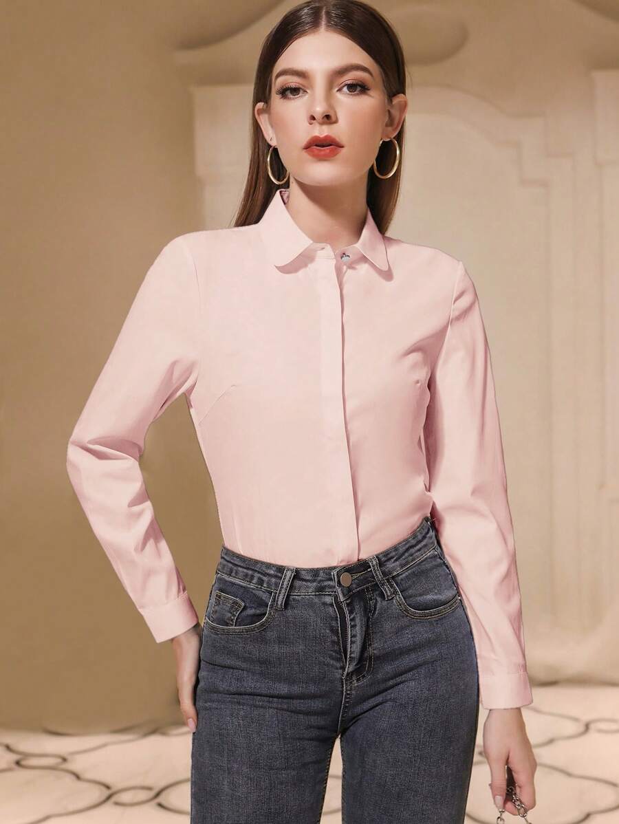 Mulvari Camisa de manga larga lisa de oficina para mujer - Rosa Pálido - Ver 1