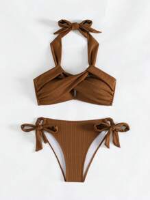 SHEIN Swim Bộ Bikini Cổ Dây Thắt Nơ Màu Trơn Đi Biển Mùa Hè Cho Nữ - màu nâu - Xem 4