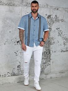 Manfinity Homme Nam Kích thước lớn Khối màu In Hình học Áo sơ mi - Xám - Xem 4