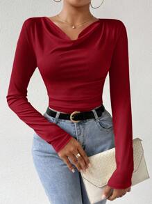 Chiquease Solid Color V-Neck Slim Fit Long Sleeve T-Shirt