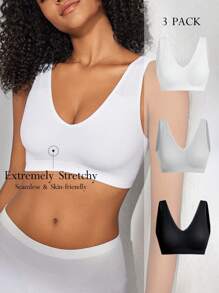 Ocili Leisure 3packExtremely Stretchy Seamless & Skin-Friendly Removable Padding Comfortable Solid Rib Bra - Multicolor - View 5