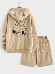 Manfinity RebelGame Men's Knitted Casual Plush Hoodie And Shorts Two Pieces Set - Khaki - View 2