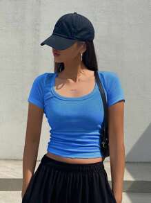 DAZY Ladies' Solid Color Short Sleeve T-Shirt With Big Round Neck Summer,Crop Tops Women