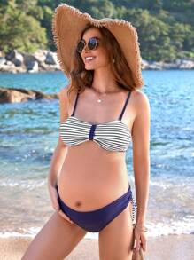 SHEIN Maternity Colorblock Striped Tankini Set, Maternity Bathing Suit Summer - Black and White - View 5