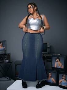 SHEIN ICON 大尺碼女性人魚裙擺丹寧中長裙 - 藍色 - 查看 5