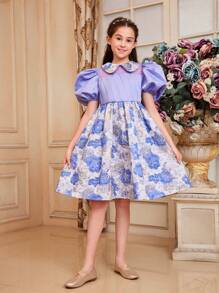 SHEIN Váy chắp vá hoa Jacquard cổ Peter Pan tay bồng cho bé gái tuổi teen - Màu tím - Xem 4