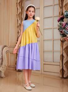 SHEIN Vestido Midi Con Cuello Redondo Y Sin Mangas De Color Contrastado Y Volantes Para Niñas De Tween