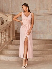 SHEIN Belle 純色v領開衩側分修身伴娘連衣裙 - 淺粉色 - 查看 3