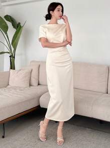 DAZY Solid Color Split Dress For Women Sundress - Apricot - View 4