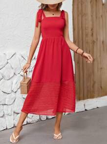SHEIN Clasi Solid Color Patchwork Hem Cami Dress - Red - View 3