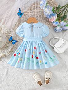 Robe à col Peter Pan à manches bouffantes courtes avec broderie florale pour bébé fille - Bleu azur - Voir 2
