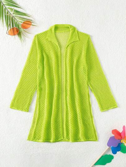 Kimono De Color Sólido De Malla De Pesca, Abertura Frontal Dividida Y Abierta Para Niñas Adolescentes.