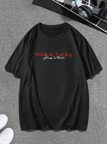 Manfinity Roghcode 男士口号与人物图案落肩短袖 T 恤，街头服饰，男朋友礼物，适合外出 - 黑色 - 查看 2